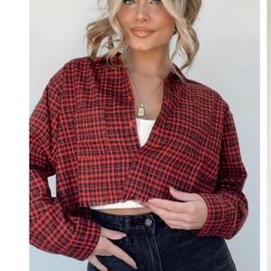 Lane 201 
Red and Black Long Sleeve Crop Button Down Shirt